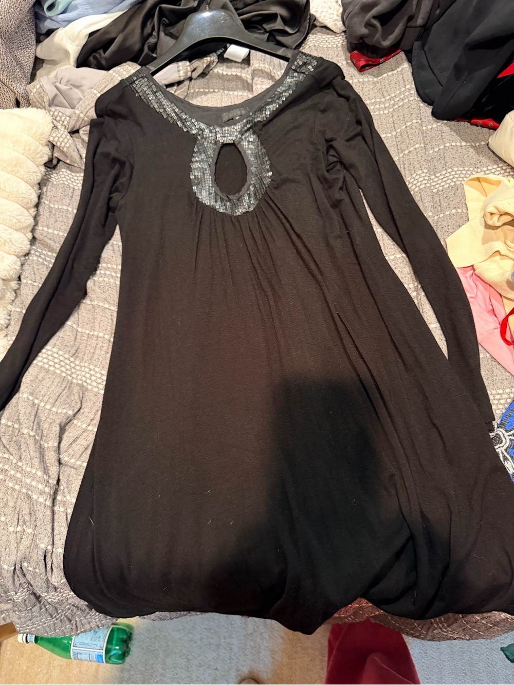 Akiko Black Long-Sleeve Keyhole Dress with Sequin Trim